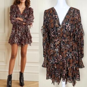 Ulla Johnson Natalia Dress Womens 10 Umber Brown Blue Pink Pattern Ruffle Mini